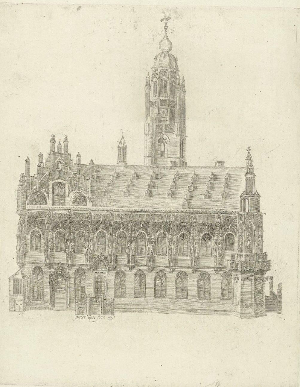 Gedetailleerde zwart-witte gravure van het stadhuis van Middelburg, een renaissancegebouw met een hoge toren, versierd met bogen en ornamenten. De toren, gecentreerd achter het dak, is voorzien van een uivormige koepel met een kruis erbovenop.
