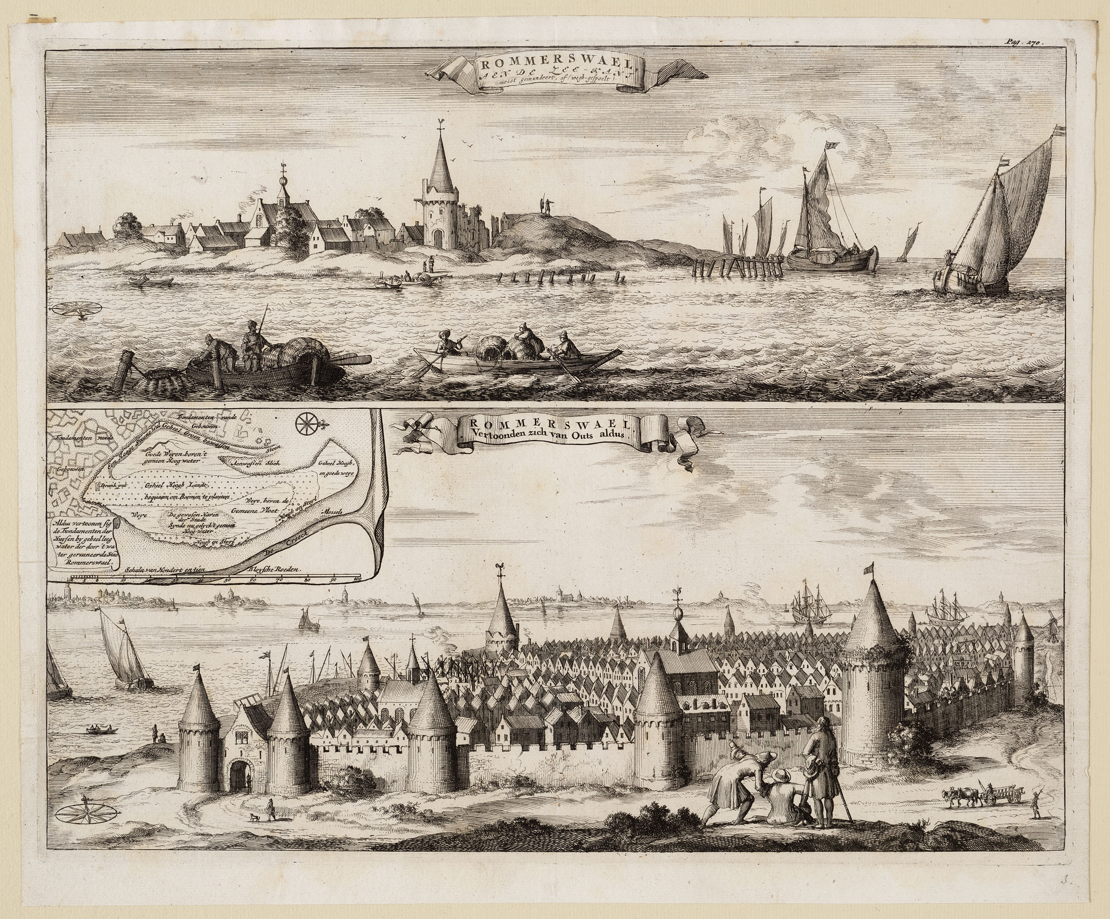 Een oude gravure van de stad Reimerswaal, verdeeld in twee horizontale scènes. De bovenste helft toont de restanten van Reimerswaal, met boten op het water, een kerk en gebouwen langs de oever. In de onderste helft is de stad te zien zoals hij eens was. Met een versterkte stadsmuur met torens en een poort te zien, omringd door een groot aantal huizen en schepen in de achtergrond. Op de voorgrond staan mensen, waaronder een figuur die gebaart en anderen die lijken te praten. Links is een kleine kaart van het gebied zichtbaar