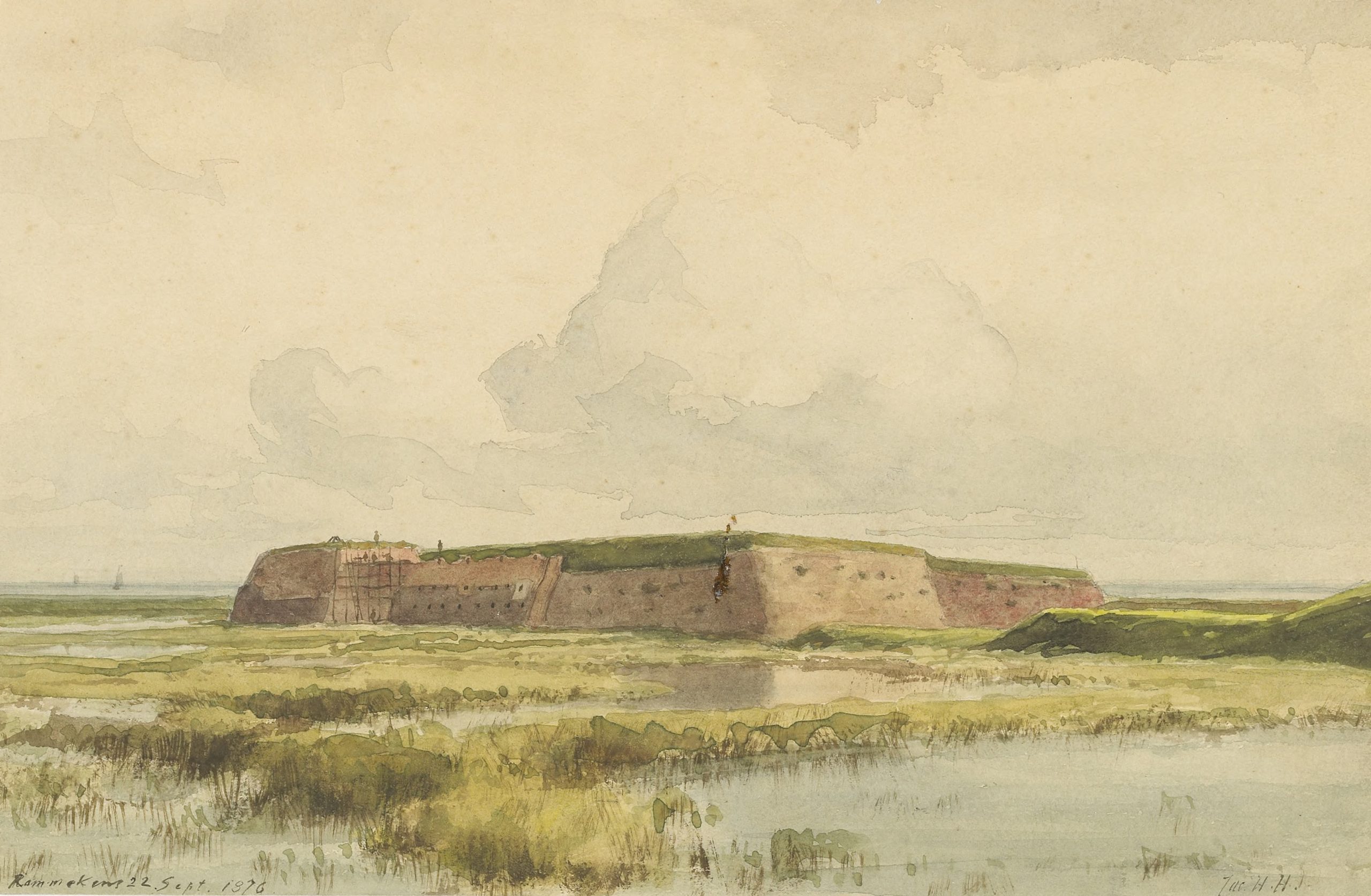 Aquarel van Fort Rammekens uit 1876, omgeven door natte graslanden met zicht op de zee en een uitgestrekte lucht met bewolking.