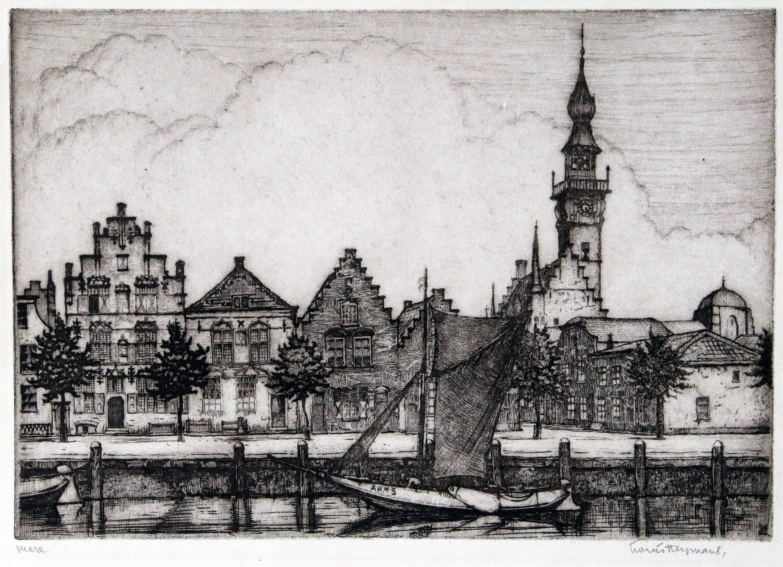 Een ets in zwart wit. Zicht op de Kaai met o.a. de Schotse Huizen en de hoogaars ARM 5, gesigneerd rechts onder in passe partout