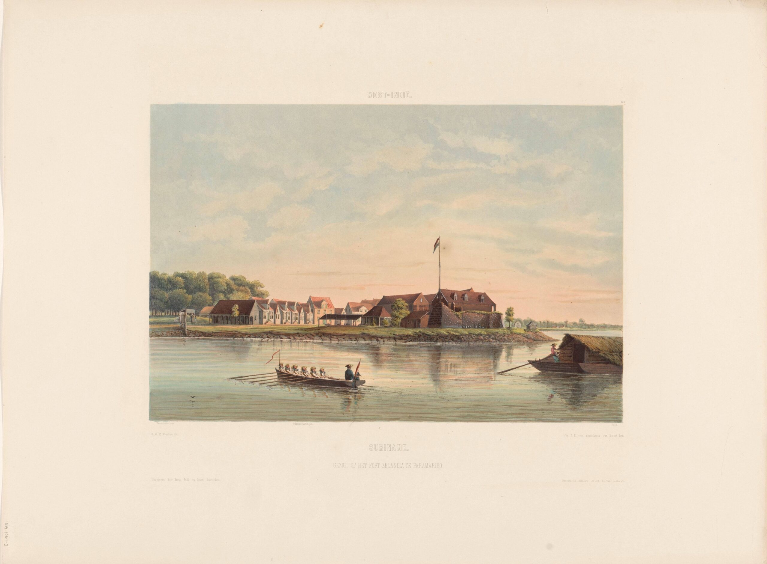 Kleurenlithografie. Gezicht op Fort Zeelandia te Paramaribo in Suriname. Op de plaat staan aangegeven: Tamarindelaan, officierswoningen en de Pont. Onderdeel van het plaatwerk 'Gezigten uit Neerland's West-Indien'.