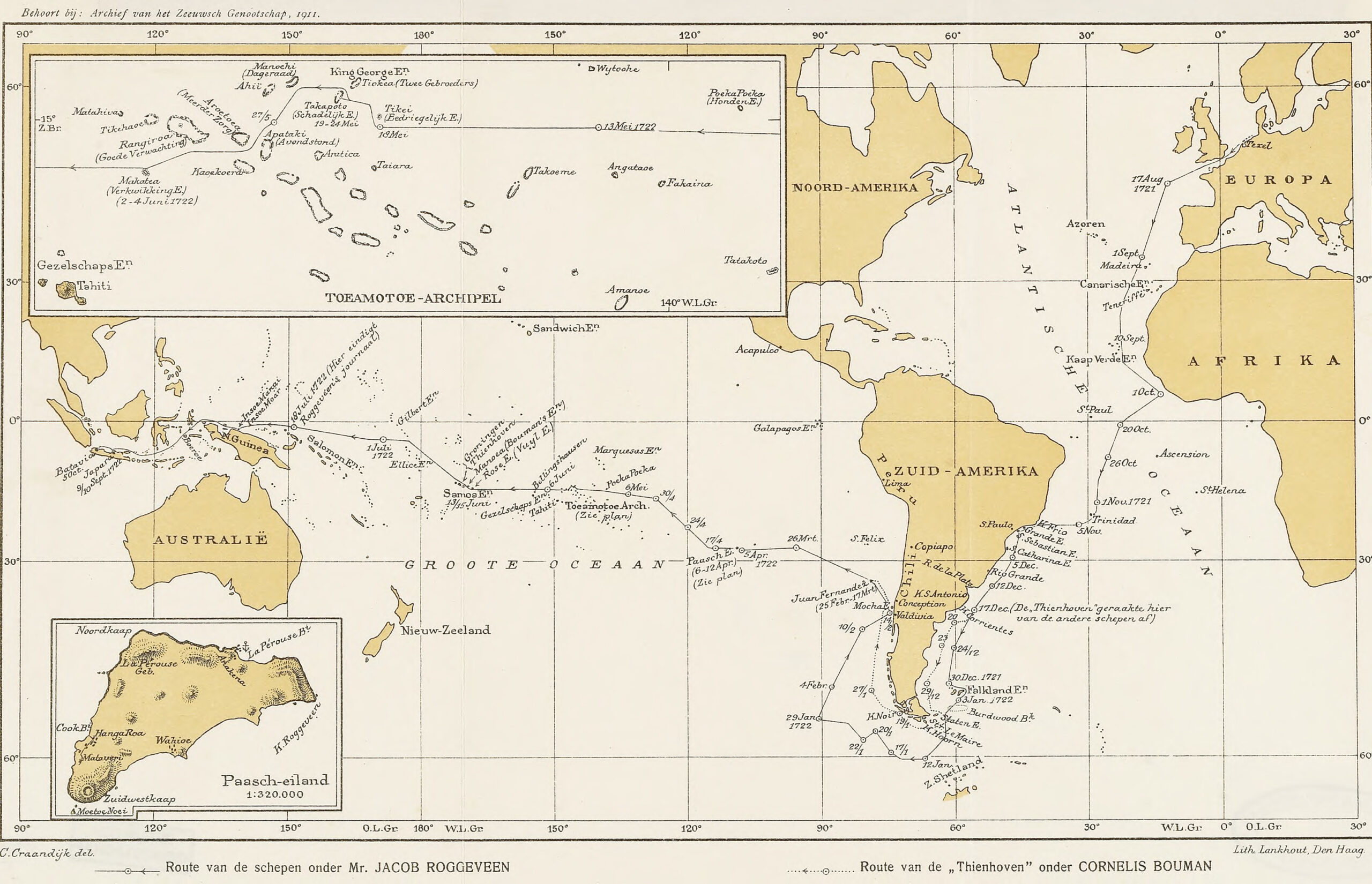 Kaart van de wereld met de route van de ontdekkingsreis van mr Jacob Roggeveen met de schepen de Arend, Tienhoven en de Afrikaanse galei. Met linksboven kaart van de Tuamotu-archipel en linksonder van het Paaseiland.